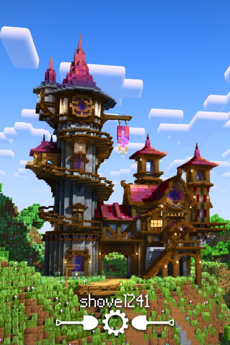 A build I did with my friend Graysun a little while back! If you want the build itself, you can download it on Patreon! Just follow the link! Midevil Minecraft Build Castle, Minecraft Wizard Castle, Minecraft Magic House Ideas, Witches Tower Minecraft, Minecraft Wizard Tower Tutorial, Minecraft Building Ideas Tower, Minecraft Medieval Tutorials, Tower Build Minecraft, Cherry Castle Minecraft