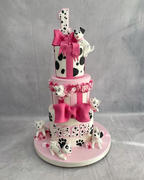 Tattooed Bakers on Instagram: “Super cute Dalmatian cake that went out this weekend 🎀💕 Vanilla sponge with Biscoff buttercream & Chocolate sponge with Nutella and crushed�…” Dalmatian Cake, Biscoff Buttercream, Barnyard Cake, Cute Dalmatian, Fondant Ruffles, Buttercream Chocolate, Bow Cakes, Cake Boards, Vanilla Sponge