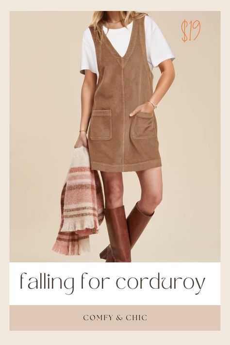 Get this chic outfit which is perfect for these early fall days that still feel like summer. 

#fall #fallvibes #fashion #outfit #falloutfit #ootd #corduroy #beige #dress #autumn #october Corduroy Overall Dress Outfit Fall, Corduroy Overall Dress Outfit, Pinafore Dress Outfit Summer, Overall Dress Outfit Fall, Ootd Corduroy, Pinafore Dress Outfit, Cord Pinafore Dress, Corduroy Pinafore, Corduroy Overall