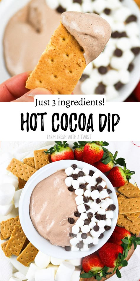 This Hot Cocoa Dip recipe is an easy, no bake treat that is made with cool whip, real hot cocoa powder, vanilla extract, and without marshmallow fluff.  Serve this hot chocolate dip with your favorite dippers such as graham crackers, strawberries or pretzels for an easy and quick dessert dip that is perfect for gatherings and parties. Add cream cheese to this hot chocolate dip for a cheesecake flavor! Frozen Hot Chocolate Dip, Easy Cool Whip Recipes, Easy Dessert Dip Recipes, Dips Without Cream Cheese, Hot Coco Dip, Hot Cocoa Dip Recipe, Cocoa Dip Recipe, Hot Chocolate Dippers, Hot Chocolate Dip Recipe