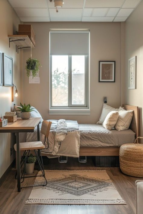 Minimal Dorm Room, Minimal Dorm, Dorm Room Ideas Minimalist, Neutral Dorm Room Ideas, Dorm Room Minimalist, Room Ideas Minimalist, Minimalist Dorm Room, Elegant Dorm Room, Dorm Room Themes