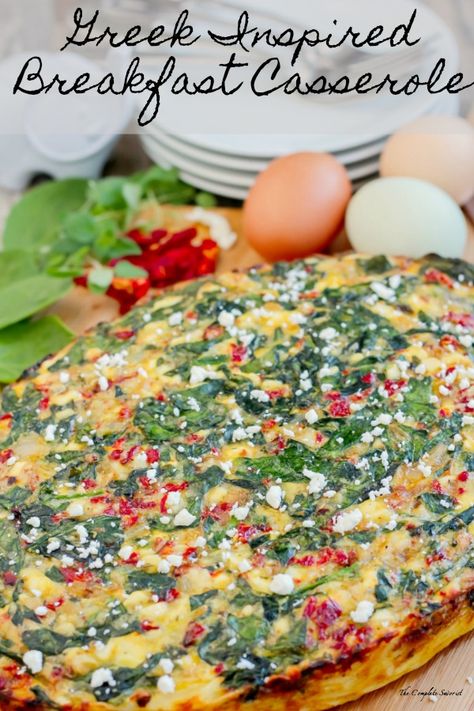 Greek Inspired Breakfast Casserole ~ Brunch recipes don’t have to be hard. This simple breakfast casserole is elevated with Greek inspired ingredients like feta cheese, spinach, and sun-dried tomatoes ~ The Complete Savorist by Michelle De La Cerda #breakfast #breakfastcasserole #greekfood #greekinspired #eggs #feta #spinach #glutenfree Simple Breakfast Casserole, Eggs Feta, Hearty Breakfast Recipes, Greek Breakfast, Cheese Spinach, Simple Breakfast, Breakfast Casserole Easy, Delicious Breakfast Recipes, Sun Dried Tomatoes