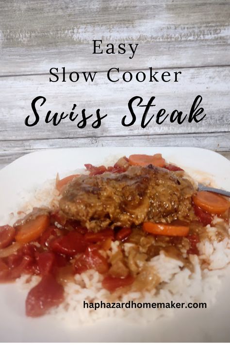 Easy Slow Cooker Swiss Steak – Haphazard Homemaker Crockpot Swiss Steak Recipes, Crockpot Swiss Steak, Swiss Steak Crockpot, Slow Cooker Swiss Steak, Swiss Steak Recipe, Swiss Steak Recipes, Crockpot Steak, Swiss Steak, Crockpot Beef