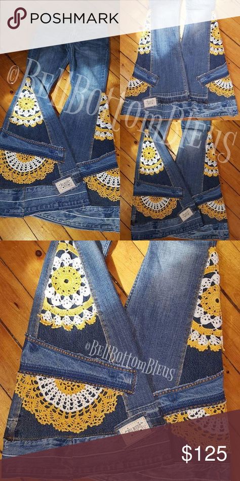 Crochet Jeans, Diy Clothes Jeans, Jeans Bell Bottoms, How To Make Jeans, Jeans Refashion, Sunshine Daydream, Denim Refashion, Upcycled Jeans, Patchwork Clothes