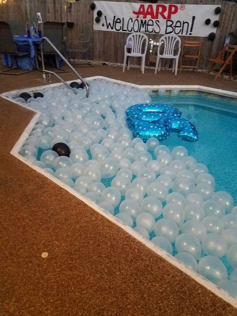 Fill pool with balloons. Birthday party ideas. Pool decorations. Over the hill ideas. 50th birthday decorations. 40th Pool Party Ideas, 50th Birthday Pool Party Ideas, 40th Birthday Pool Party Ideas For Men, Poolside Birthday Decor, 30th Birthday Pool Party Ideas For Men, Pool Party Balloons Decorations, Pool Decorating Ideas For Party, Ballon’s In Pool, Pool Party Themes