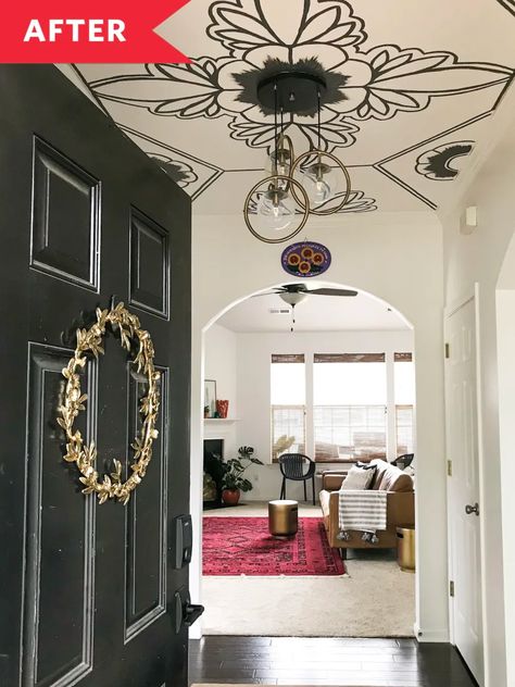 Entryway Transformation, Ceiling Mural, Ceiling Murals, Ceiling Art, Vinyl Decor, Up House, Hanging Light Fixtures, Painted Ceiling, Entry Way