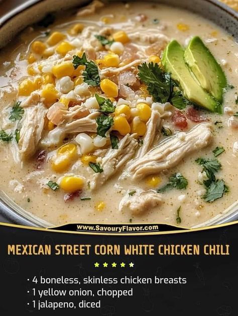 Mexican Street Corn White Chicken Chilli, Elote Chicken Chili, Mexican Street Corn Chicken Chili, White Chicken Chili With Corn, Street Corn Chicken Chili, Chili Recipe With Celery, Mexican Street Corn White Chicken Chili, Mexican Chicken Chili Recipe, White Bean Chilli