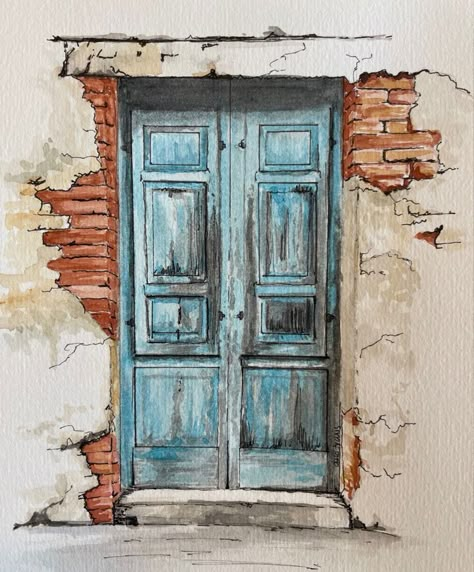 Windows Watercolor Painting, Watercolor Paintings Doors And Windows, Watercolour Doors Watercolor Painting, Watercolor Doors And Windows, Painting Of A Door, Watercolor Doorways, Watercolor Doors Paintings, Door Drawing Ideas, Door Watercolor Painting