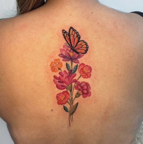 Mexican Flower Tattoo For Women, Embroidered Tattoo Design, Embroidery Tattoos For Women, Mexican Butterfly Tattoo, Embroidery Flower Tattoo, Mexican Flowers Tattoo, Mexican Culture Tattoo For Women, Mexican Culture Tattoo, Mexican Embroidery Tattoo