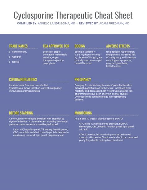 Cyclosporine Therapeutic Cheat Sheet - Next Steps in Dermatology - This series will become your go-to for information about dosing, potential interactions and laboratory monitoring, just to name a few. Next up: Cyclosporine. Cyclosporine is a versatile and valuable tool in the dermatologist’s therapeutic repertoire. Among its strengths are its dependability, rapid onset of action and wide indication. Allow our Therapeutic Cheat Sheet to demystify its use. B Cell, Organ Transplant, Nurse Stuff, Nursing Notes, Flash Cards, Cheat Sheet, Cheat Sheets, Dermatology, Nursing School