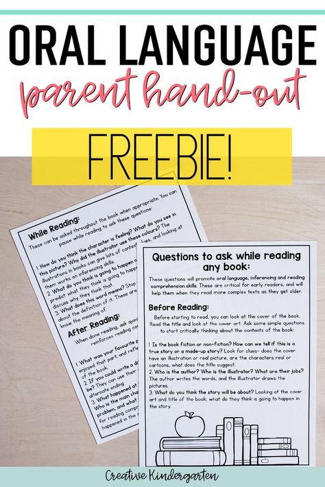 I share 9 simple questions that will promote oral language development in kindergarten. Use these questions with any book during a read-aloud. This parent hand-out freebie is perfect to send home… More Oral Language Activities Kindergarten, Preschool Slp, Oral Language Activities, Language Development Activities, Early Intervention Speech Therapy, Slp Materials, Language Therapy Activities, Slp Activities, Slp Ideas