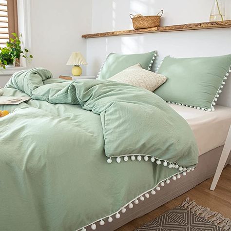 Amazon.com: Bedbay Sage Green Comforter Set Green Pom Pom Comforter Dark Sea Green Pom Pom Fringed Boho Chic Comforter Set King Size with 2 Pillowcases (Green, King) : Home & Kitchen Green Comforter Sets, Farmhouse Bedding Sets, Comforter Sets Boho, Unique Duvet Covers, Boho Bedding Sets, Green Bedding Set, Boho Duvet, Green Comforter, Cal King Bedding