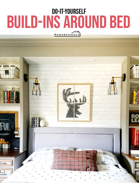 grey and white desks turned into built-ins with industrial decor - lighting and baskets Diy Built Ins Around Bed, Bookshelves Around Bed, Updating Bedroom, Texas Bedroom, Princess Rooms, Upstairs Apartment, Built In Bookshelves, Basement Flooring Options, Bedroom Built Ins