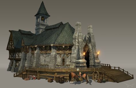 ArtStation - Town Hall, Dirty J Fantasy Buildings, Dragon Castle, Fantasy Houses, Medieval Artwork, Props Concept, Props Art, Building Concept, Fantasy House, Fantasy Setting