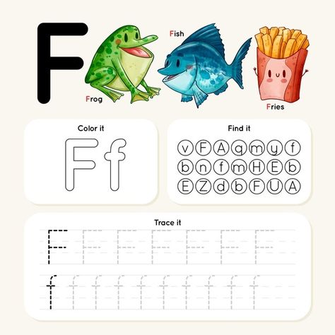 Letter f worksheet with frog, fish, frie... | Free Vector #Freepik #freevector #education #kids #letter #development Letter C Worksheet, Letter F Worksheet, F Worksheet, C Worksheet, Abc Games For Kids, Letter A Design, Letters Activities, Fish Fries, Frog Fish