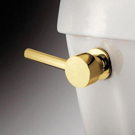 The cylindrical bodywork and strong round contours bring a contemporary look to your bathroom. Solid cast brass construction. Fits most toilet tanks. Premier polished brass finish. Standard front flush style. Elements of Design 8-in Polished Brass Toilet Lever in Gold | EKTDL2 Beach Toilet, Flush Handle, Toilet Handle, Metal Tank, Toilet Tank, Kingston Brass, Elements Of Design, Toilet Accessories, Plumbing Fixtures