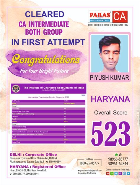 Our student Our Pride Piyush Kumar cleared CA Intermediate Nov 2022 Exam Both group in first attempt If you also want to score good marks and clear CA Inter in the first attempt, Enroll with us! For any Query About CA Course Call us on our Tollfree no.18002585777 or Message us on Whatsapp & Telegram:- 9896162844 | 98966 85777 #parasinstitute #charteredaccountant #icai #cafinal #ca #icaistudents #cafoundation #castudent Ca Intermediate, Ca Foundation, Good Marks, Examination Results, Coaching Classes, Chartered Accountant, Financial Management, Bright Future, Economics