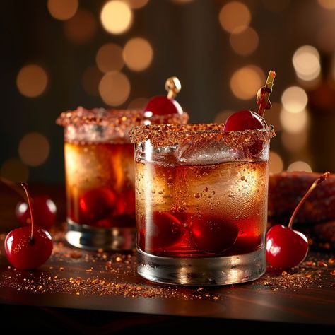 Kansas City Old Fashioned (Cherry Old Fashioned) | Baked by Claire Kansas City Chiefs Drinks, Cherry Old Fashioned, Cherry Whiskey, Old Fashioned Cherries, Bourbon Cherries, Ice Chips, Old Fashioned Drink, Bbq Spice, Cherry Liqueur