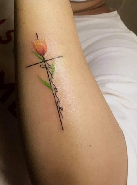 Cross Grace Tattoo, Grace Tattoos For Women Wrist, Cross Grace Tattoos For Women, Saved By Grace Tattoo With Cross, Cross With Tulips Tattoo, Word Cross Tattoo, By Grace Through Faith Tattoo, Grace Cross Tattoo, Cross And Flower Tattoo For Women