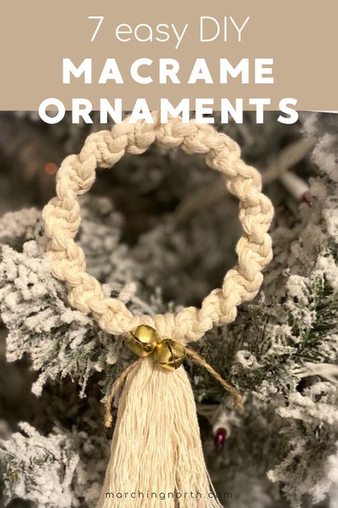 A macrame Christmas ornament hanging on a tree. Macrame Patterns Christmas, Easy Macrame Gnomes, Macrame Christmas Diy Tutorial, Diy Macrame Christmas Decorations, Macrema Christmas Ornaments Diy, Diy Macrame Ornaments Christmas, Christmas Ornament Macrame, Easy Macrame Ornaments Diy, Macrame Xmas Ornaments