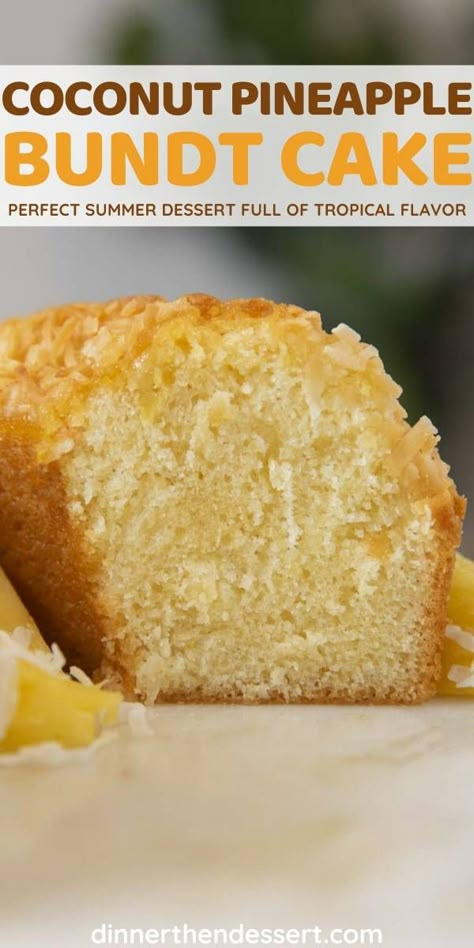 Pineapple Coconut Bundt Cake is a rich pound cake full of tropical flavor! #dessert #bundtcake #pineapple #coconut #pineapplecake #coconutcake #poundcake #summerdessert #dinnerthendessert Pineapple Coconut Bundt Cake, Pineapple Bundt Cake Recipe, Pineapple Bundt Cake, Coconut Bundt Cake, Pineapple Pound Cake, Newest Recipes, Coconut Pound Cakes, Novice Chef, Angel Food Cake Pan