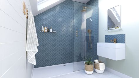 Blue Herringbone -Custom Collection Shower Panels Wall Ideas, Shower Panels Wall, Herringbone Bathroom Wall, Bathroom Panelling, Herringbone Bathroom, Herringbone Shower, Acrylic Wall Panels, Acrylic Bathroom, Bathroom Cladding