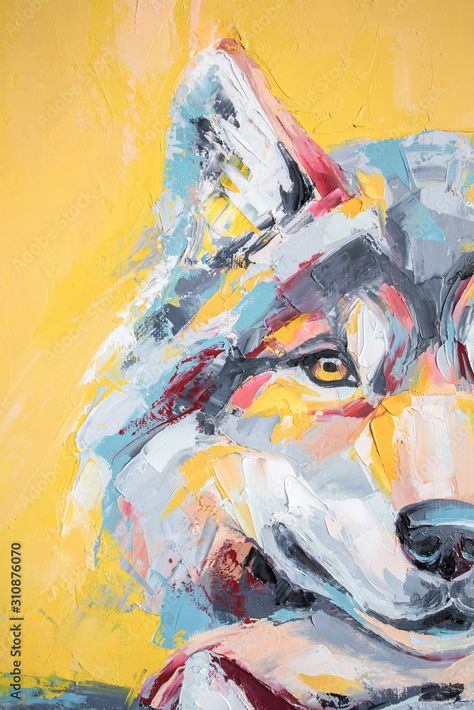 Oil wolf portrait painting in multicolored tones. Conceptual abstract painting of a couple wolves. Closeup of a painting by oil and palette knife on canvas. Stock Illustration | Adobe Stock Painting Of A Couple, Abstract Wolf, Wolf Portrait, Throw Pillow Pattern, Wolf Painting, Palette Knife, Pillow Pattern, Animal Paintings, Wolves