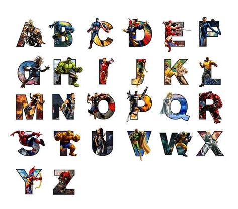 Typography Marvel Heroes style. Including captain america, thor, spider-man, wolverine, professor x, luke cage, groot, hulk, the punisher and a bunch more Marvel Letters Superhero Alphabet, Avengers Alphabet Letters, Marvel Alphabet, Marvel Letters, Superhero Alphabet, Superhero Letters, Fourth Of July Crafts For Kids, Imprimibles Harry Potter, Marvel Room