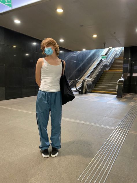 pretty white boi wearing vintage outifit with white tank topand black vans slipons #mullet #vintageoutfit #vintageoutfitideas Slip On Vans Outfit, Vans Slip On Outfit, Slip On Outfit, Slip On Vans, Vans Outfit, Black Vans, The Underground, Vans Slip On, White Tank