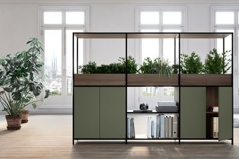 Divider Cabinet Design, Office Cabinet Design Workspaces Storage, Planter Box With Storage, Planter With Storage, Office Metal Shelves, Plants Partition, Office Storage Design, Partition With Plants Interior Design, Office Planter Box Design