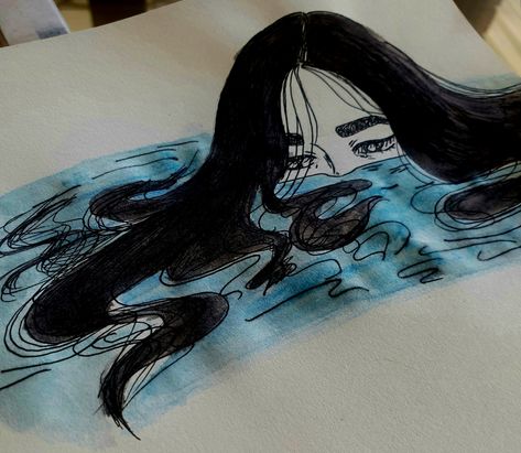 Girl In Water Drawing, Girl Under Water, Girls In Shower, River Drawing, Drawings Inspo, Ocean Drawing, Girl In Water, Water Drawing, Sketch Ideas