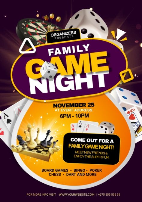 Collage Flyer Design, Game Night Poster Design, Game Night Flyer Design, Games Flyer Design, Game Night Ideas Family, Church Game Night, Pubmat Ideas, Game Night Parties, Gaming Poster