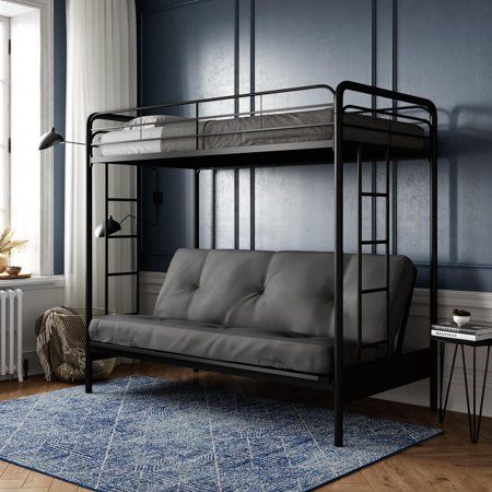 The simple style and stability of DHP's Twin-Over-Futon Bunk Bed make it the perfect choice for space-saving sleep options. The black metal finish will look good with any dcor and the frame is solid and secure. Added safety features include a full-size guardrail for the top bunk, childproof mechanism and an integrated ladder. With the futon on the bottom, you have the versatility of either having a seating space to relax or an additional bed for overnight guests, siblings and sleep-overs. You wi Metal Futon, Futon Bunk Bed, Metal Bunk Bed, Convertible Couch, Bed Black, Top Bunk, Metal Bunk Beds, Kids Headboard, Futon Mattress