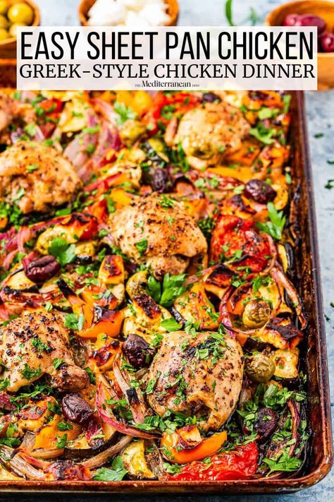 Greek sheet pan chicken with zucchini, tomatoes, and bell pepper is juicy, tender, and takes just 45 minutes in this easy sheet pan chicken recipe. Mediterranean Chicken Recipes Baked, Greek Sheet Pan Chicken, Sheet Pan Chicken Recipe, Greek Sheet Pan, Best Mediterranean Recipes, Chicken And Vegetable Bake, Easy Sheet Pan Chicken, Mediterranean Chicken Recipes, Mediterranean Recipes Healthy