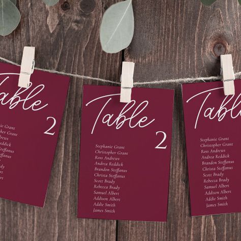 Burgundy Wedding Table Seating Chart Cards for $2.92 - Wedding Cards Burgundy Wedding Seating Chart, Christmas Seating Chart Wedding, Burgundy Wedding Theme Table Settings, Wedding Table Decorations Burgundy, Table Chart Wedding, Burgundy Wedding Reception, Table Seating Chart Wedding, Burgundy Wedding Table, Burgundy Wedding Decor