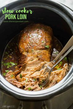 This easy Slow Cooker Pork Loin recipe includes a flavorful garlic herb rub and is slow cooker in apple juice for extra flavor! Fall apart tender! #slowcooker #slowcookerrecipes #crockpot #crockpotrecipes #pork #recipe #recipeoftheday #dinnerrecipes Pork Loin Recipes Slow Cooker, Cooking Pork Loin, Pork Loin Crock Pot Recipes, Crockpot Pork Loin, Slow Cooker Pork Loin, Pork Loin Recipe, Crockpot Pork Roast, Pot Roast Crock Pot Recipes, Pork Loin Roast Recipes