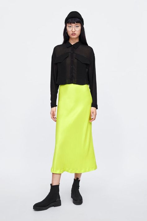 4 Subtle Ways to Wear the Neon Trend | Who What Wear Yellow Skirt Outfits, Neon Skirt, Silk Slip Skirt, Fashion Themes, Silk Outfit, Fresh Outfits, Slip Skirts, Yellow Skirt, Skirt Trends