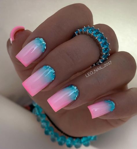 Fancy Nails Designs, Blue Nail, Nail Designs Glitter, Pink Acrylic Nails, Neon Nails, Dipped Nails, Fancy Nails, Summer Nail, Chic Nails