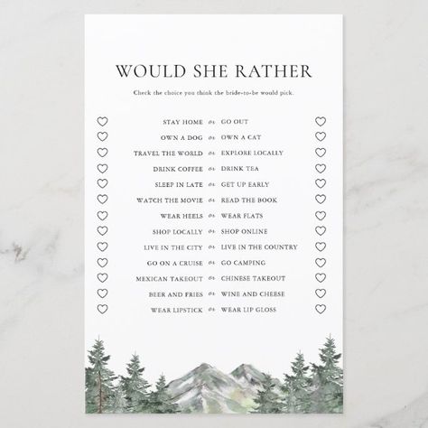 Mountain Would She Rather Bridal Shower Game Winter Bridal Shower Games, Bridal Shower Woodsy Theme, Nature Themed Bridal Shower Ideas, Hiking Themed Bridal Shower Ideas, Mountain Themed Bridal Shower Ideas, Would She Rather Bridal Shower Game, Winter Bridal Shower Decorations, Winter Bridal Shower Themes, Bridal Shower Themes Rustic