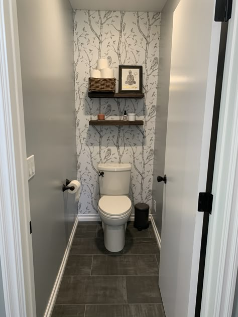 Tiny Water Closet Ideas, Small Potty Room Ideas, Wallpapers Bathroom Small Spaces, Wallpaper For Toilet Room, Bathroom Water Closet Ideas, Pocket Toilet Bathroom Decor, Cabinet Over Toilet In Water Closet, Toliet Closet Ideas, Narrow Half Bath