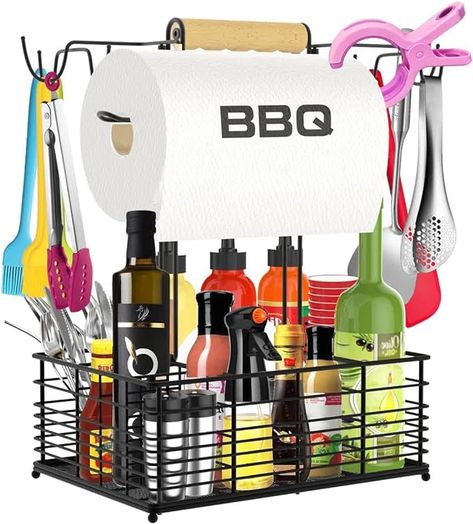 BBQ Organization Made Easy: This All-in-One Stand Keeps Your Grilling Essentials Tidy! Grill Caddy, Bbq Caddy, Tailgate Essentials, Outdoor Camping Kitchen, Kitchen Notes, Bbq Essentials, Condiment Caddy, Grilling Utensils, Cleaning Supplies Organization