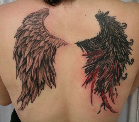 One shoulder angel wing the other scary wing, longer flatter going down .5 way down arm Angel Wing Tattoos, Wings Tattoo Meaning, Angel Wings Tattoo On Back, Angel Devil Tattoo, Wing Tattoos On Back, Wing Tattoo Men, Wing Tattoos, Tattoo Son, Devil Tattoo