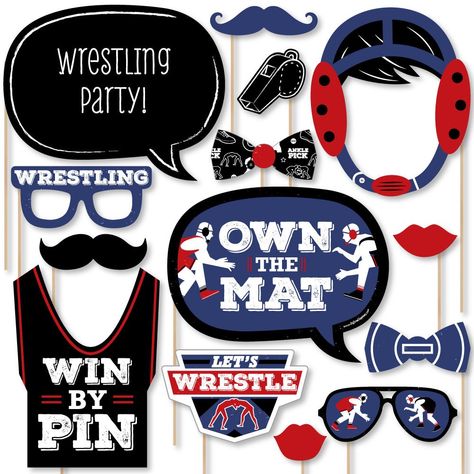 PRICES MAY VARY. 20-Piece Wrestle or Birthday Party Photo Booth Props Kit INCLUDES 20 Own The Mat - Wrestling photo booth props, 20 prop kit sticks and stickers for assembly. EASY ASSEMBLY: Simply attach the printed DIY photo booth props to the sticks with included reinforcing stickers. PERFECT FOR ANY CROWD! Photo booth props are fun wrestler or birthday party supplies for adults and kids - everyone will love the funny faces on these Own The Mat - Wrestling or birthday party photo booth props. Wrestling Banquet, Wrestling Birthday Parties, Wrestling Birthday, Wrestling Party, Birthday Party Photo Booth, Funny Photo Booth, Diy Photo Booth Props, Party Photo Booth Props, Wrestling Posters