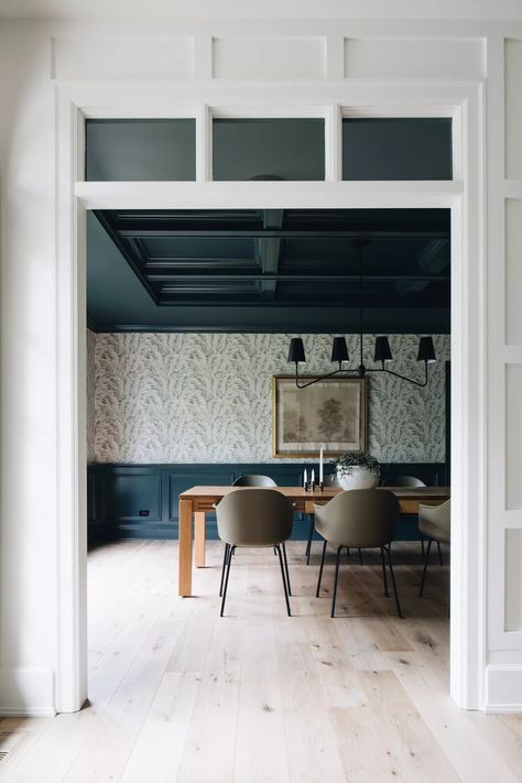 14 Two-Tone Color Ideas for Walls With Chair Rails | Hunker Jean Stoffer Design, Jean Stoffer, Dining Pendant, Dark Ceiling, Light Wood Floors, Chair Rail, Floor Layout, The Dining Room, Open Concept Kitchen