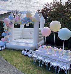 1st Birthday High Chair Backdrop, 1st Birthday House Party Ideas, Cocomelon Party Balloons, Pastel Unicorn Balloon Garland, Outdoor Party Set Up Ideas Layout, 2nd Birthday Party Themes Cocomelon, Kids Party Room Business, Kids Birthday Table Setting Ideas, Outdoor Princess Party