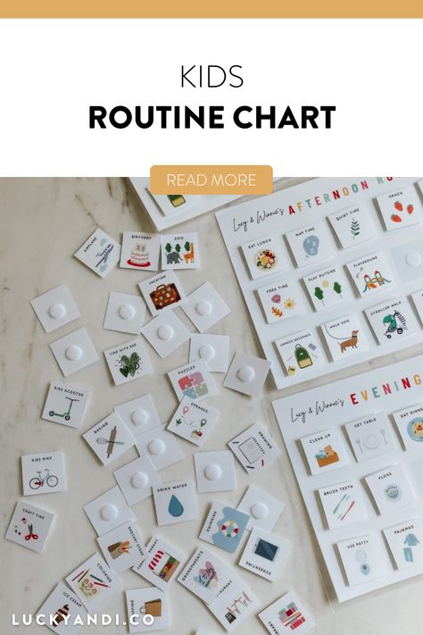 My 4-year-old is always asking “what are we doing?” and wants to know the plan for the day. I wanted to find a visual way to help her understand what we’re up to and found this routine chart on Etsy! I purchased and downloaded the digital files, customized it with my kids’ names, and then had everything laminated. I cut the routine cards and used Velcro to attach them to the morning, afternoon, and evening charts. Kids Routine Chart | Toddlers Gift Ideas | Lucky Andi Velcro Routine Chart, Toddler Routine Chart Visual Schedules, Toddler Visual Schedule At Home, Toddler Chart Routine, Diy Daily Routine Chart For Kids, Diy Routine Chart For Toddlers, Routine Board For Kids, Diy Routine Chart, Visual Routine Chart For Kids