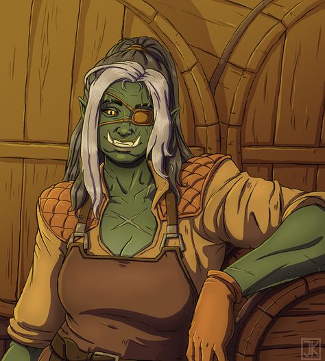 Don't cause trouble in her tavern or she will personally toss you to the curb. Orc Bartender, Dnd Bartender, Tavern Keeper, Fantasy Queen, Character Bank, Pencil Sketches, Dnd Art, Character Ideas, Dnd Characters