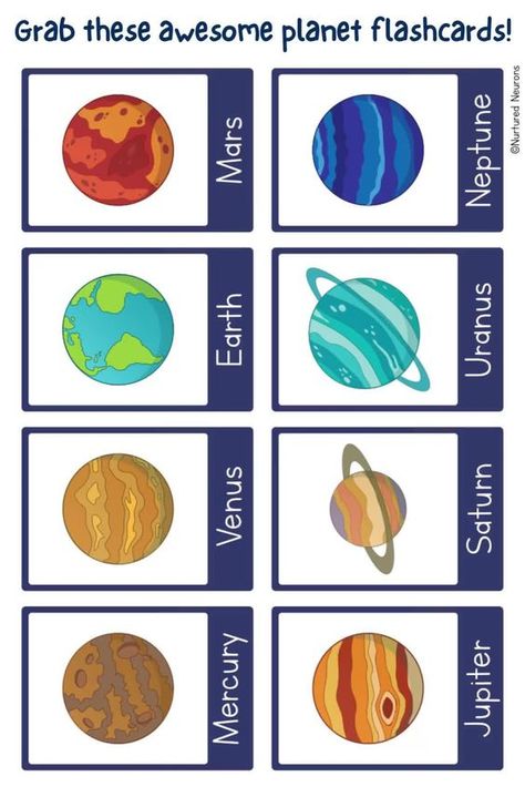 This colorful set of printable planet flashcards are a great way to help your little ones learn about our solar system! These cards are a great resource for young children learning about space and the planets. So why not blast over to Nurtured Neurons, grab this lovely set of cards.! #space #flashcards #preschoolscience #kindergartenscience #planets #planetflashcards #printableflashcards #earlyscience #prek #kindergarten