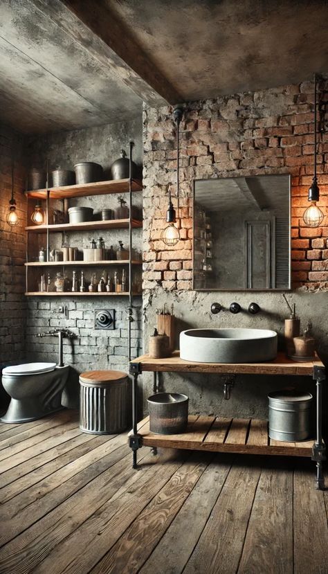 Brick Bathroom Ideas Wall, Brick Bathroom Ideas, Exposed Brick Bathroom, Brick Wall Bathroom, Mediterranean Style Bathroom, Bohemian Style Bathroom, Modern Industrial Bathroom, Industrial Sink, Reclaimed Bathroom