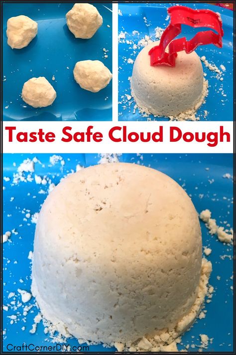 Homemade cloud dough made with flour and vegetable oil. How To Make Cloud Dough With Flour, Edible Cloud Dough, How To Make Cloud Dough, Make Cloud Dough, Diy Cloud Dough, Cloud Dough Recipe With Conditioner, Taste Safe Cloud Dough, Cloud Dough Without Conditioner, Cloud Sand